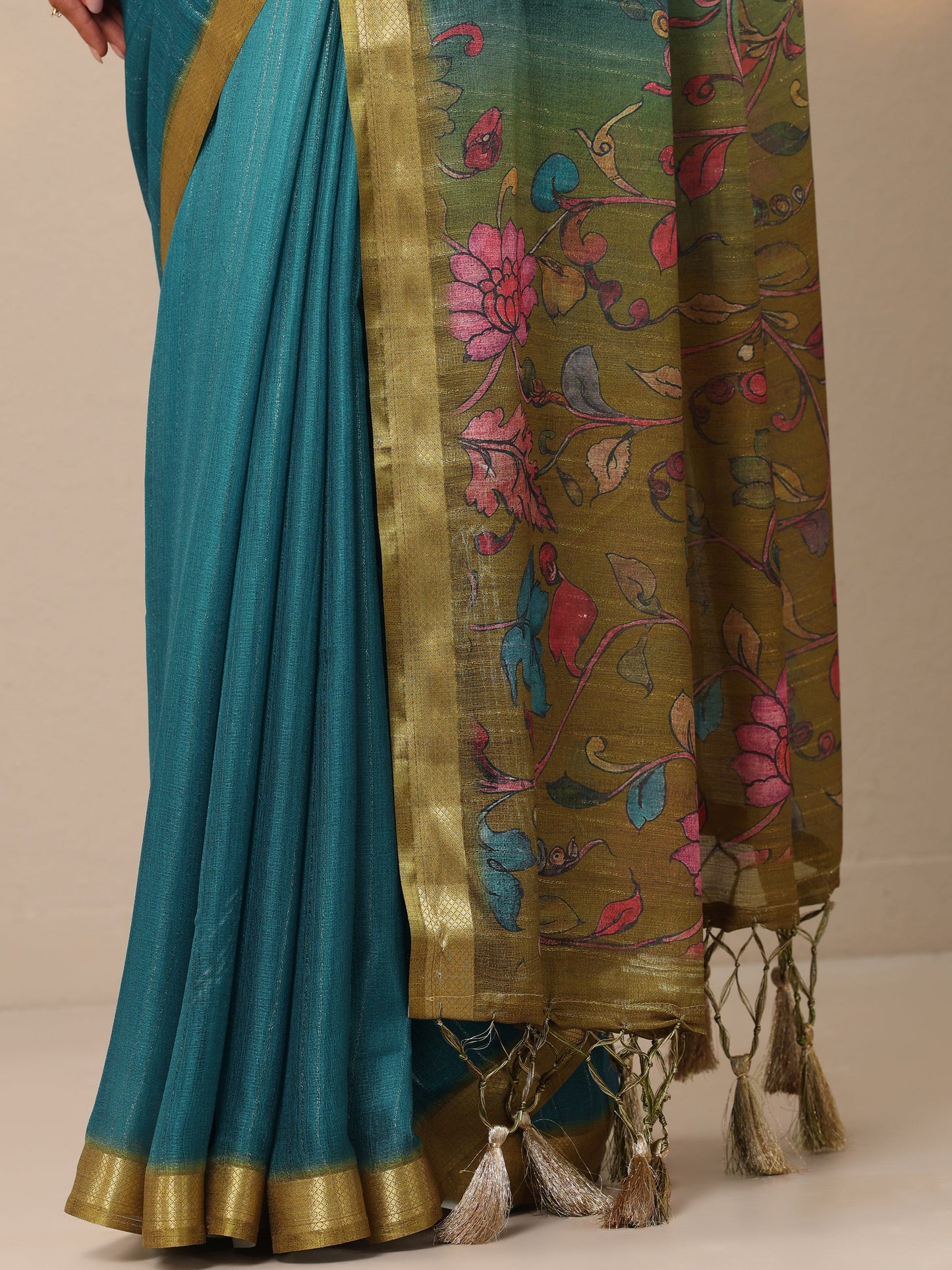 Teal Printed Silk Blend Sarees With Unstitched Blouse Piece