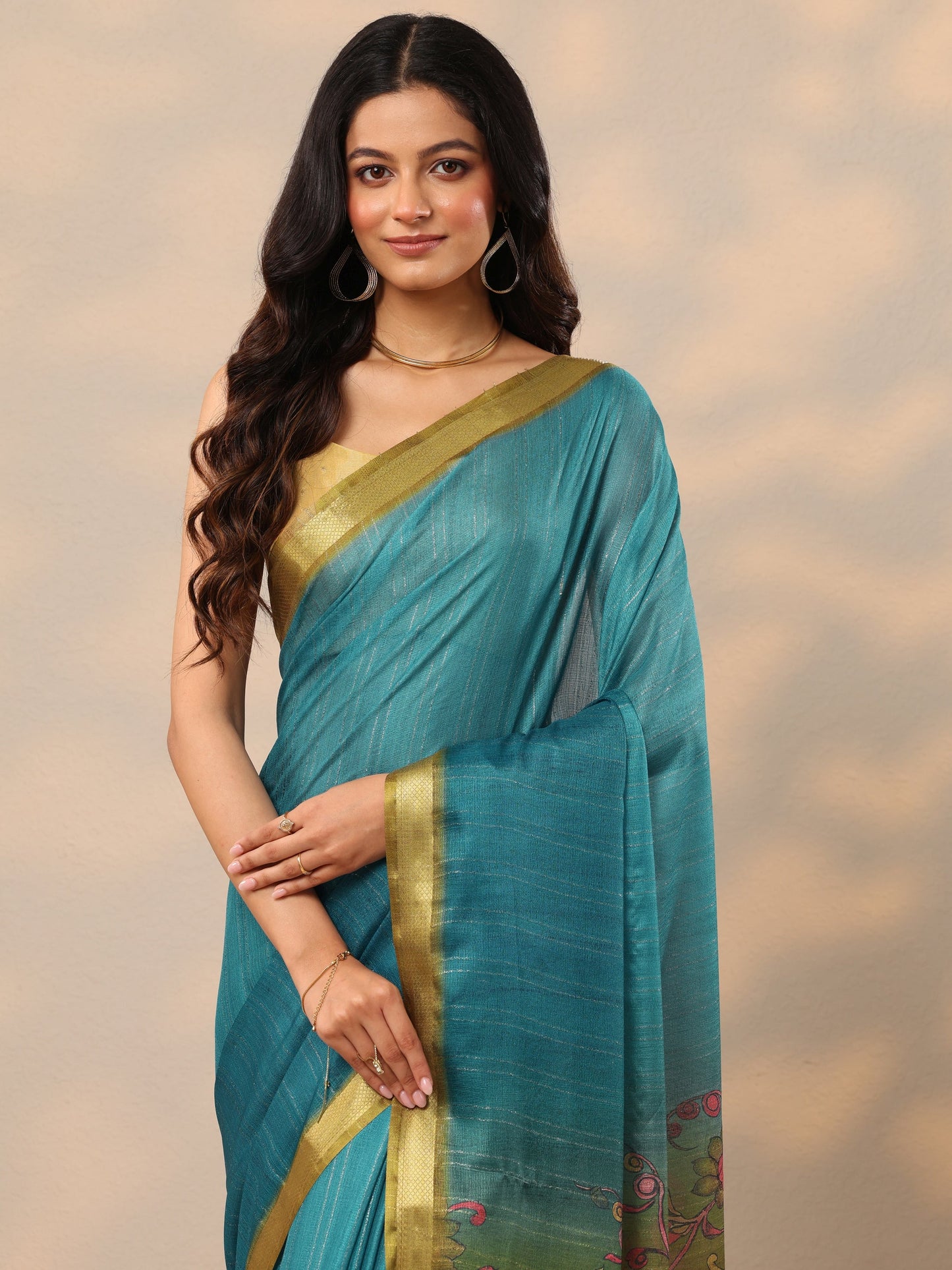 Teal Printed Silk Blend Sarees With Unstitched Blouse Piece