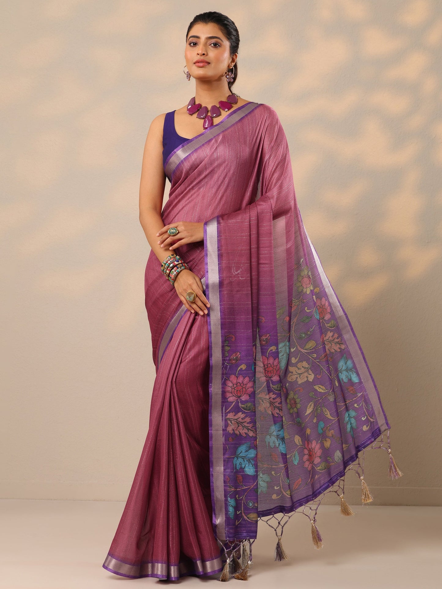 Mauve Printed Silk Blend Sarees With Unstitched Blouse Piece