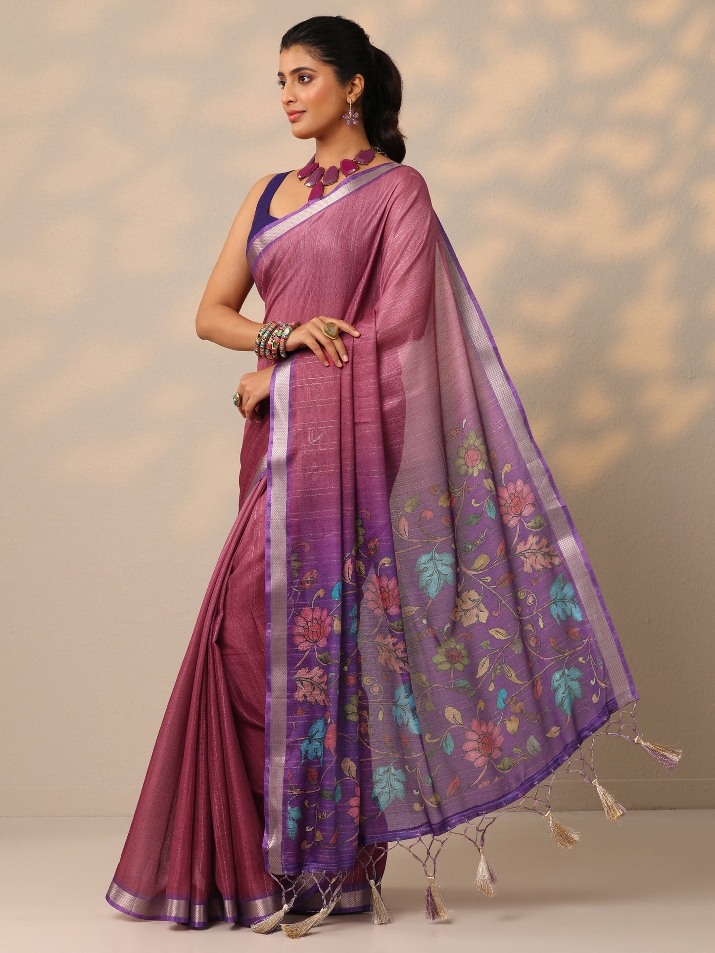 Mauve Printed Silk Blend Sarees With Unstitched Blouse Piece