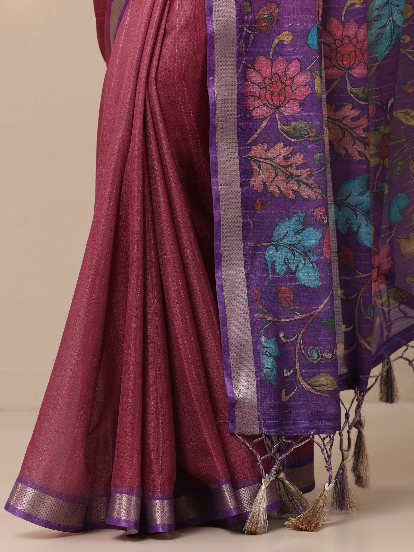 Mauve Printed Silk Blend Sarees With Unstitched Blouse Piece