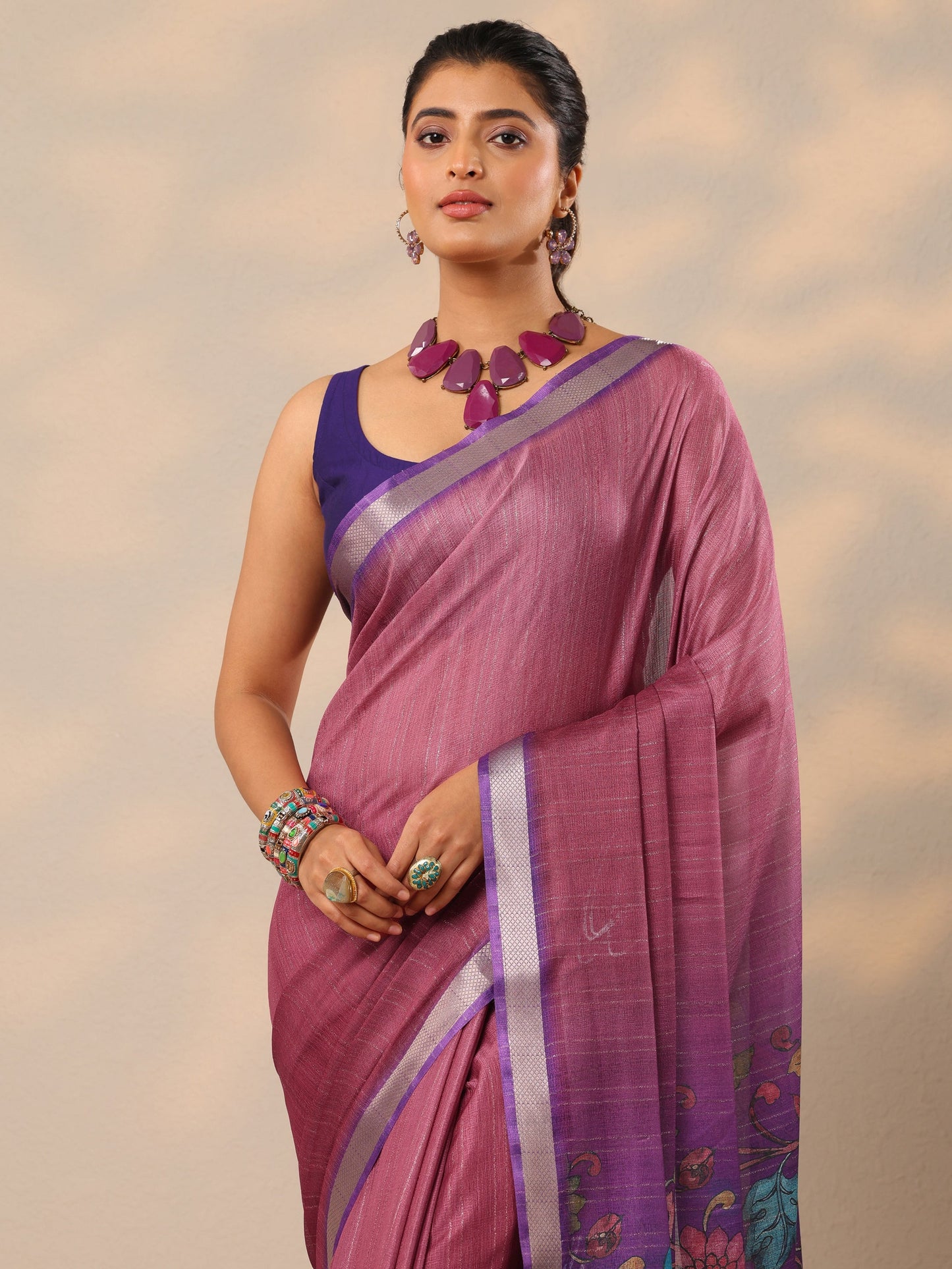 Mauve Printed Silk Blend Sarees With Unstitched Blouse Piece