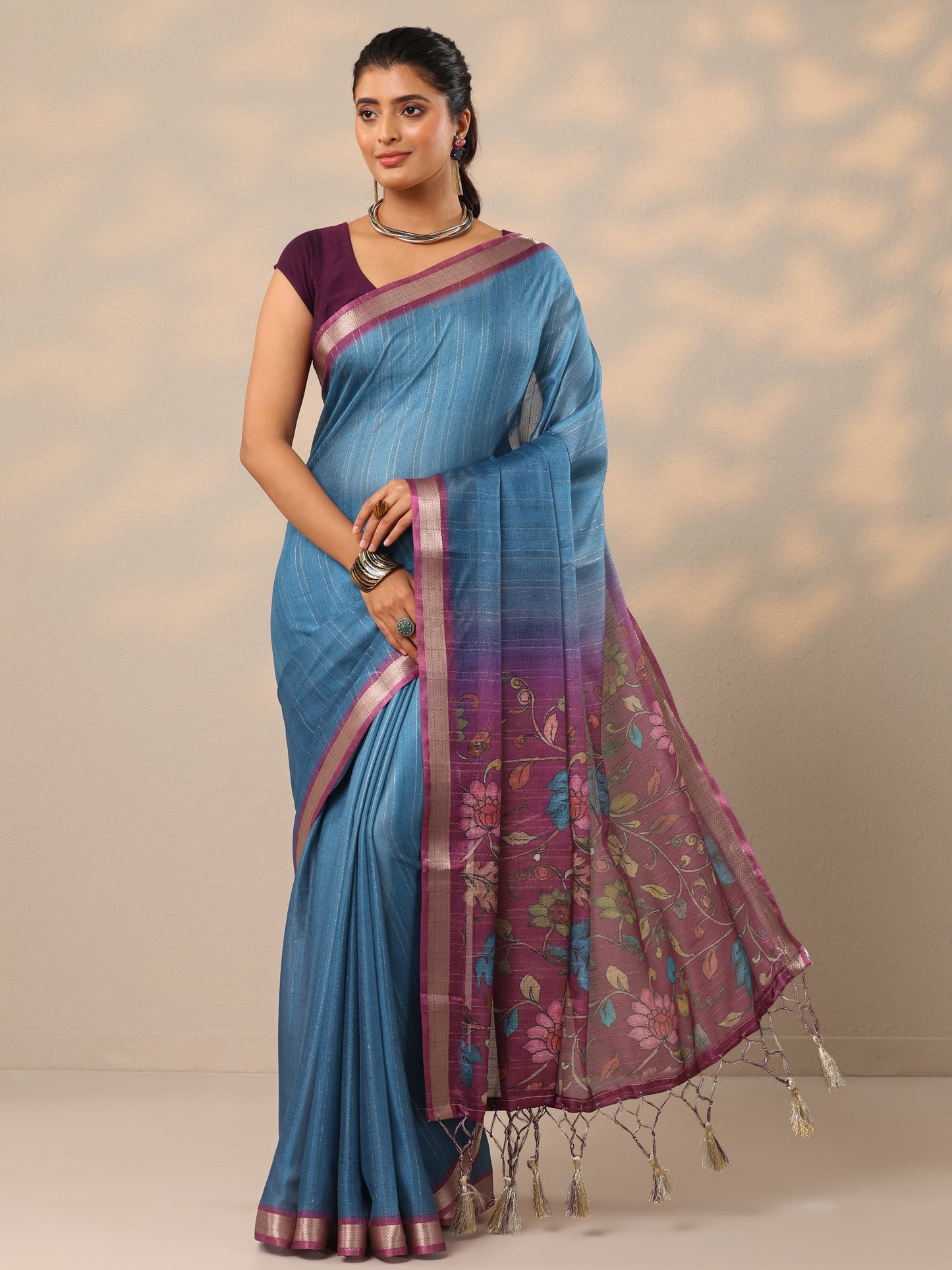 Blue Printed Silk Blend Sarees With Unstitched Blouse Piece
