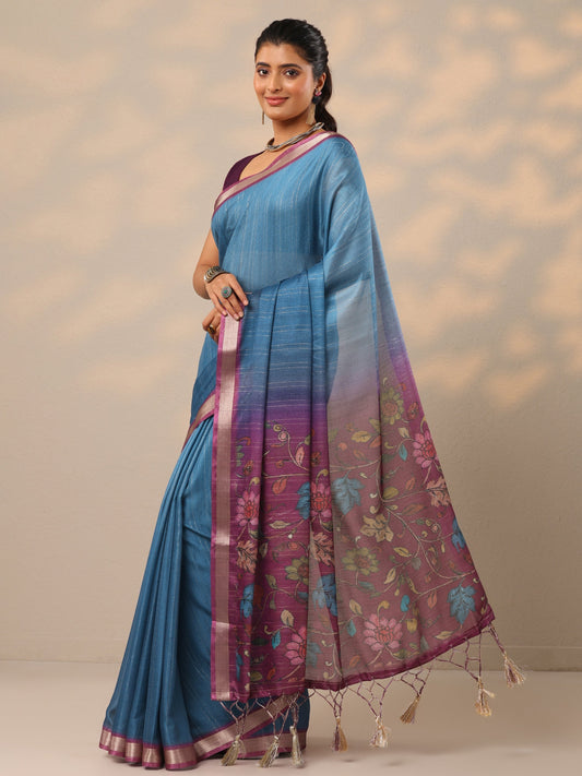 Blue Printed Silk Blend Sarees With Unstitched Blouse Piece