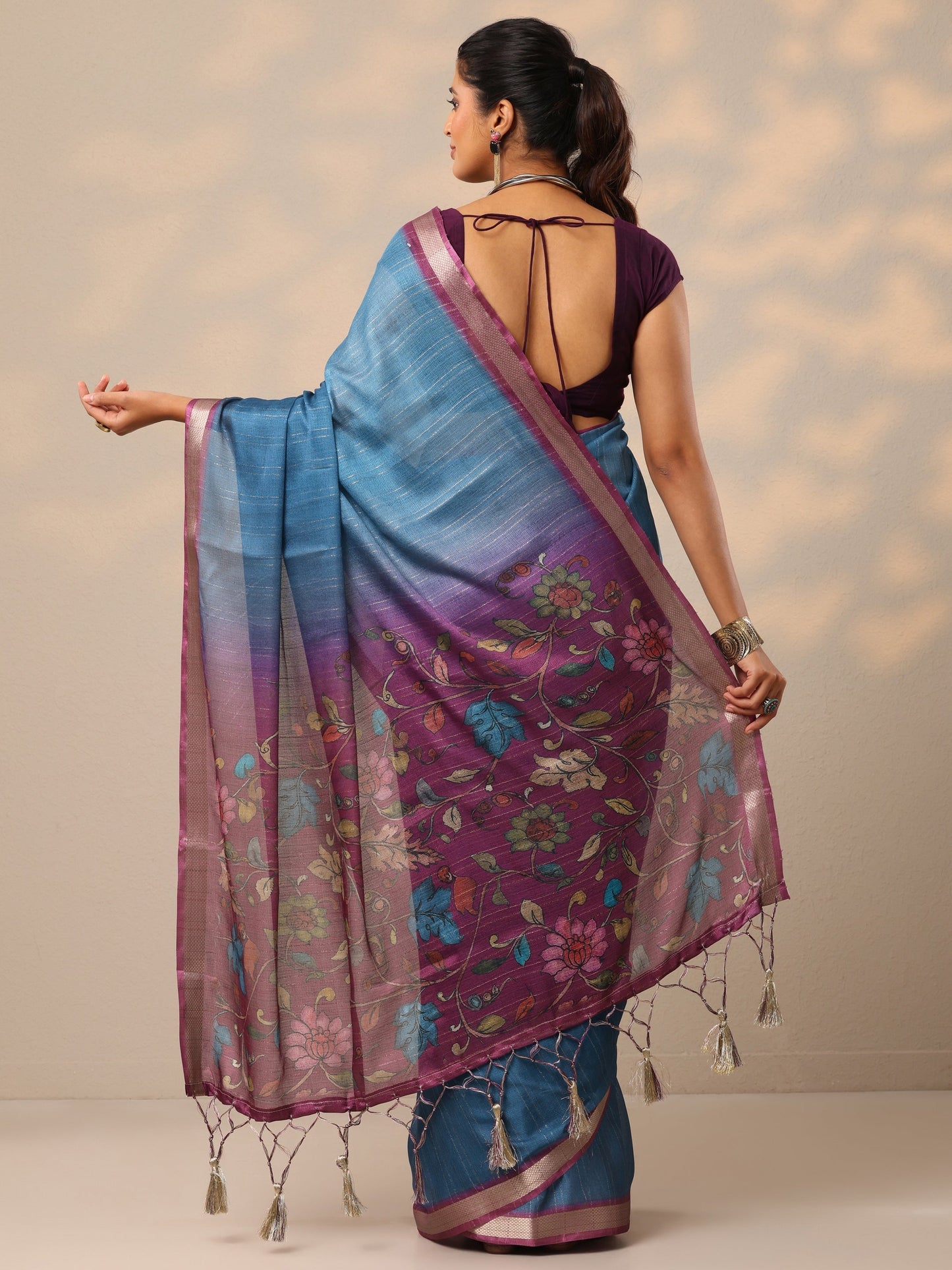 Blue Printed Silk Blend Sarees With Unstitched Blouse Piece