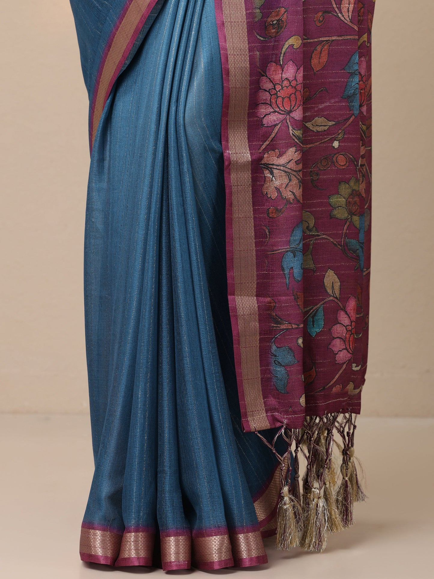 Blue Printed Silk Blend Sarees With Unstitched Blouse Piece