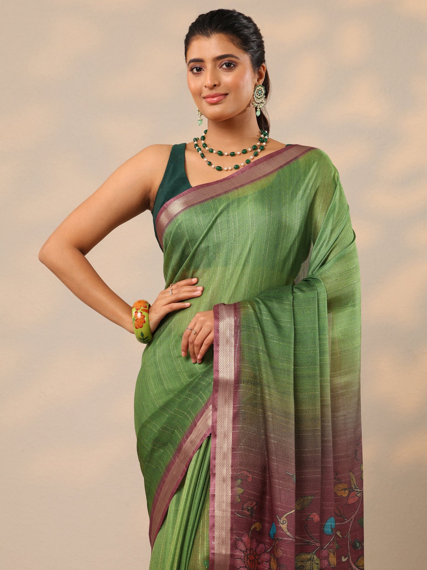Green Printed Silk Blend Sarees With Unstitched Blouse Piece