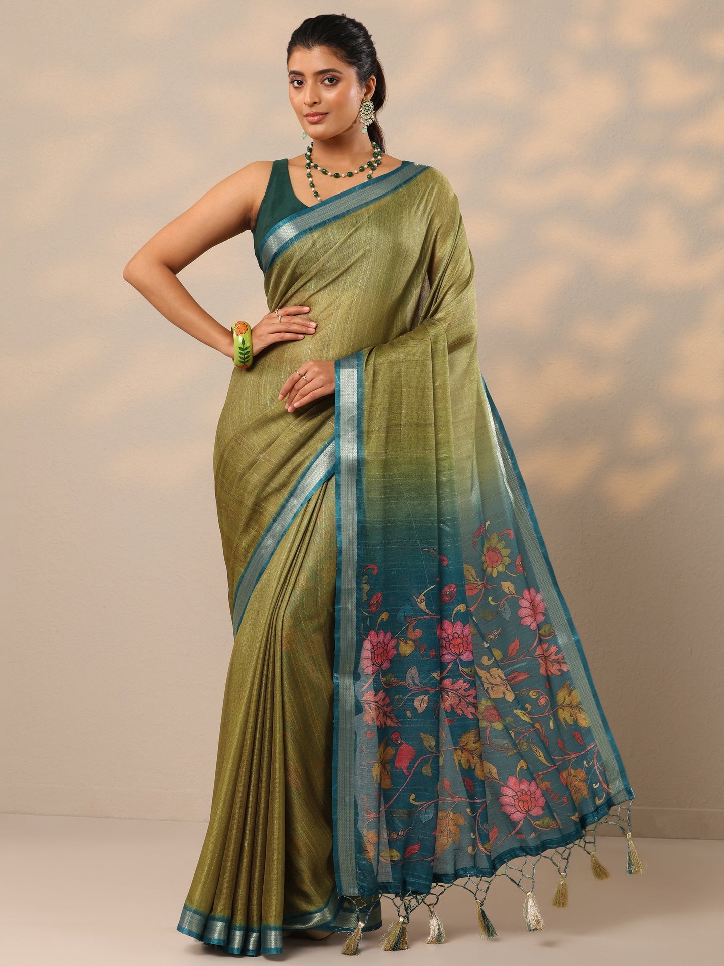Olive Printed Silk Blend Sarees With Unstitched Blouse Piece