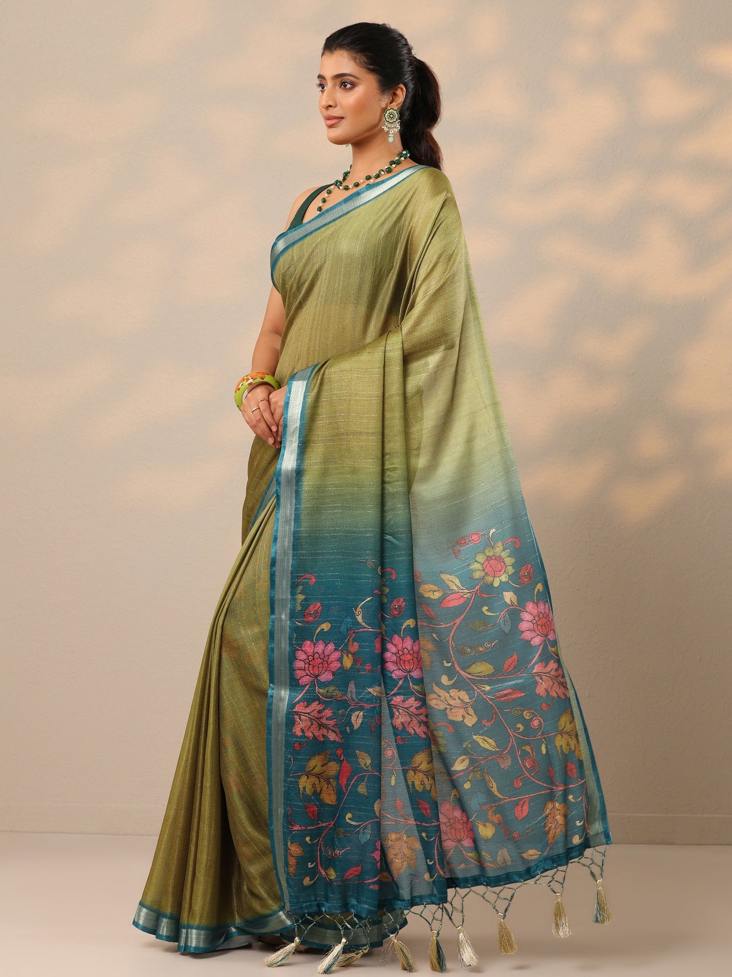 Olive Printed Silk Blend Sarees With Unstitched Blouse Piece