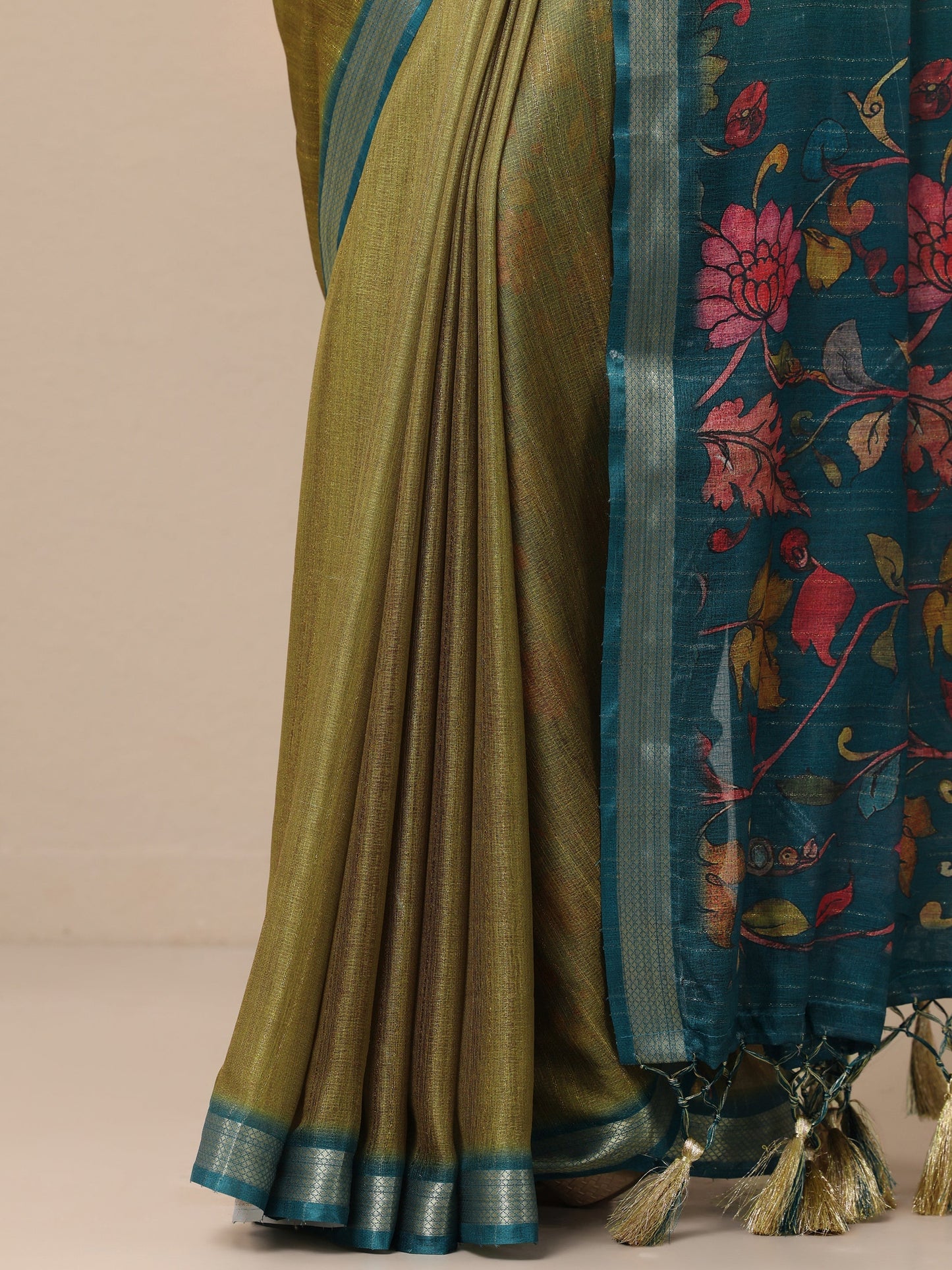 Olive Printed Silk Blend Sarees With Unstitched Blouse Piece