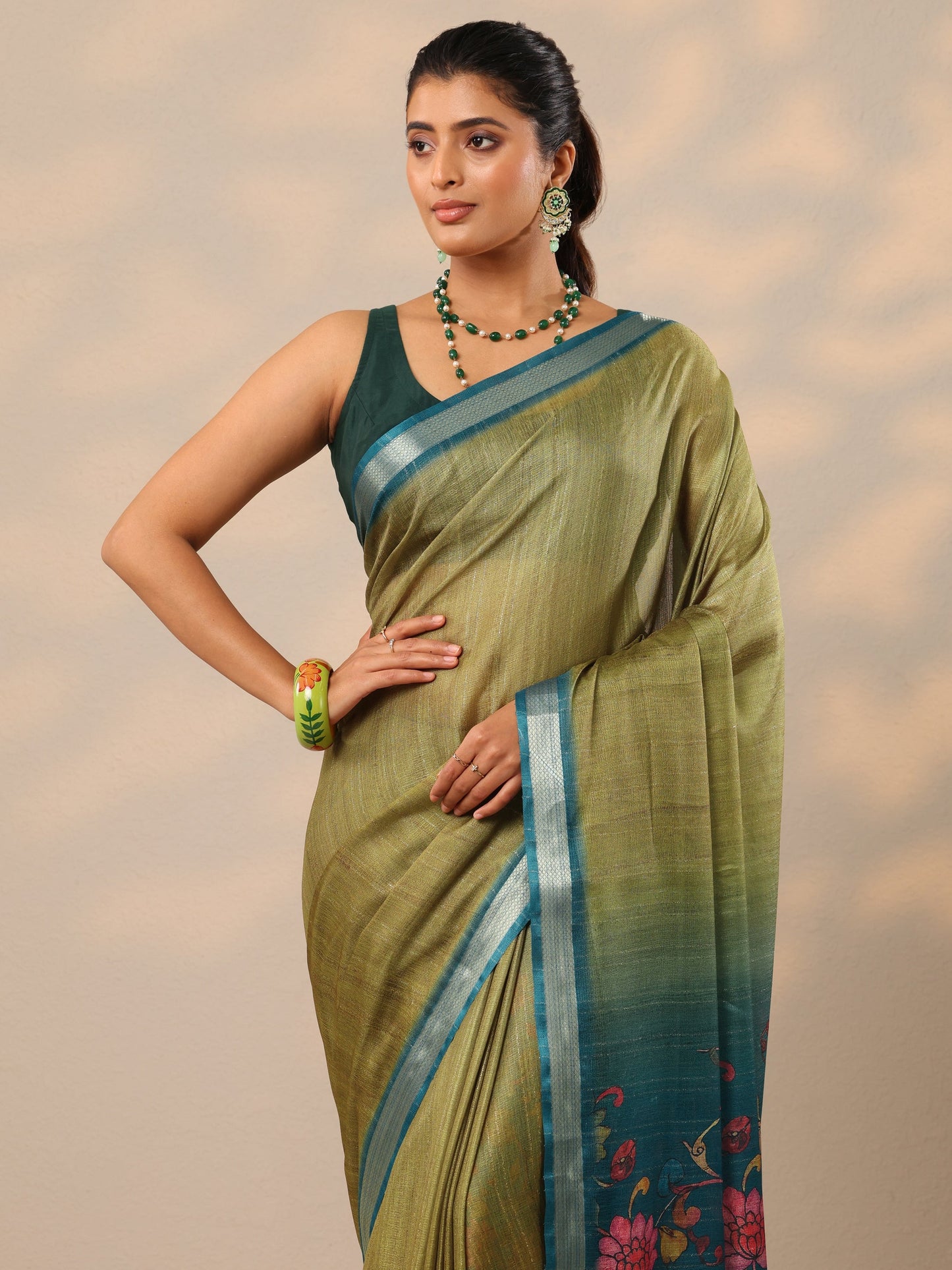 Olive Printed Silk Blend Sarees With Unstitched Blouse Piece