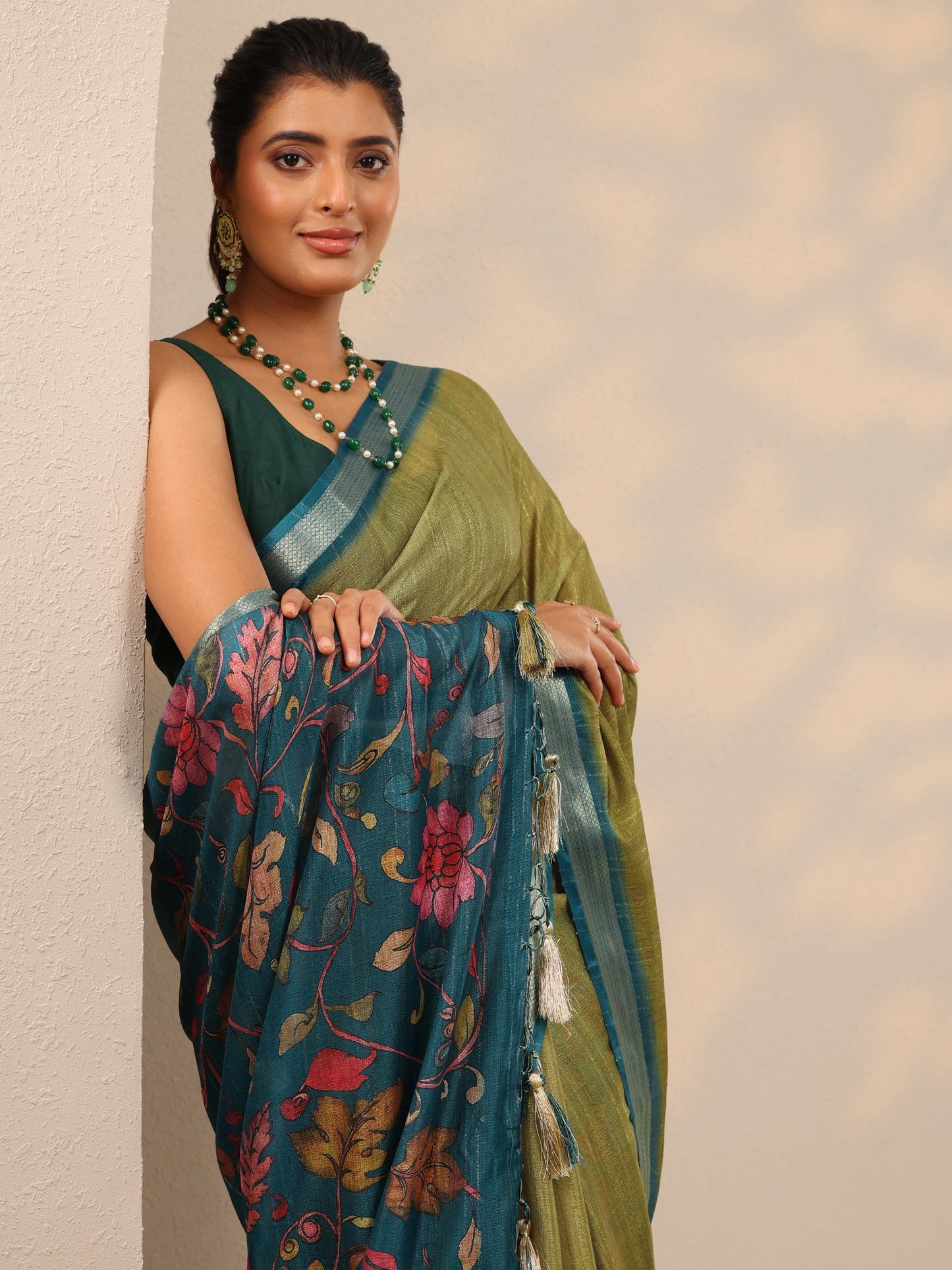 Olive Printed Silk Blend Sarees With Unstitched Blouse Piece