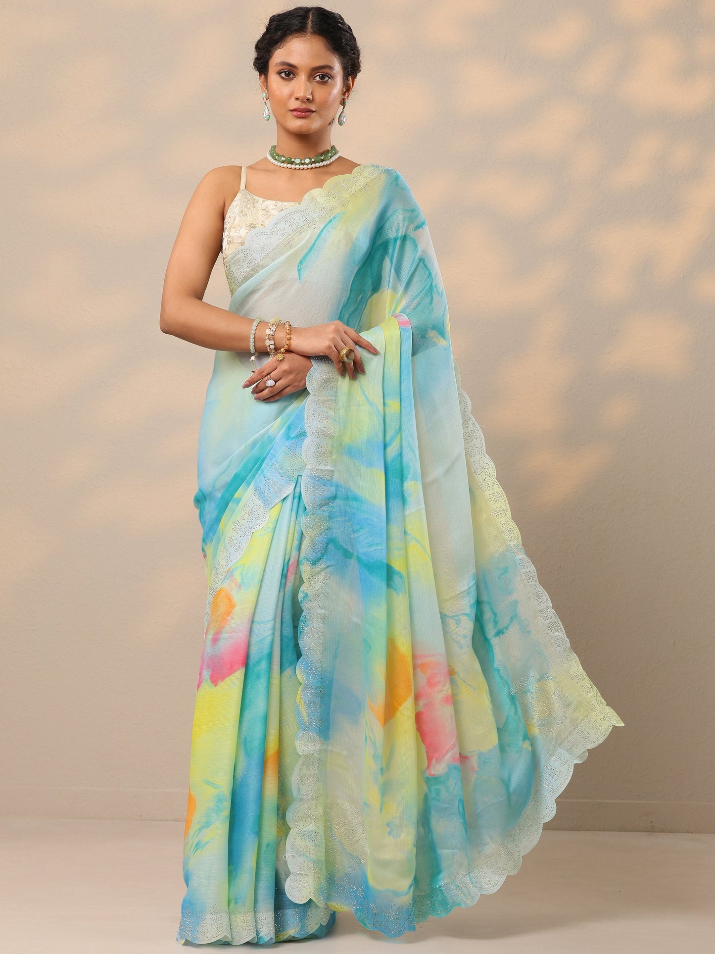 Turquoise blue Embellished Chinon Saree With Unstitched Blouse Piece