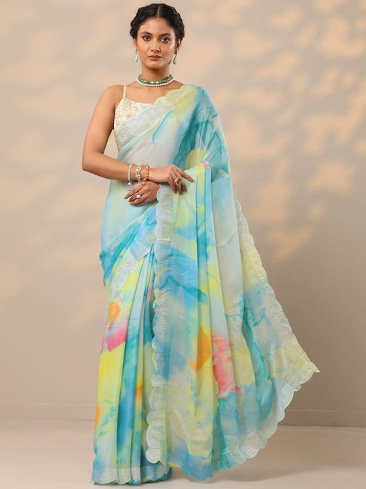 Turquoise blue Embellished Chinon Saree With Unstitched Blouse Piece