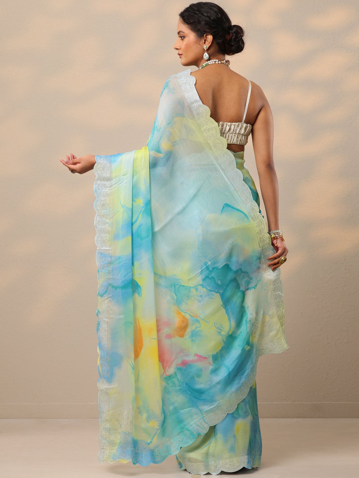 Turquoise blue Embellished Chinon Saree With Unstitched Blouse Piece
