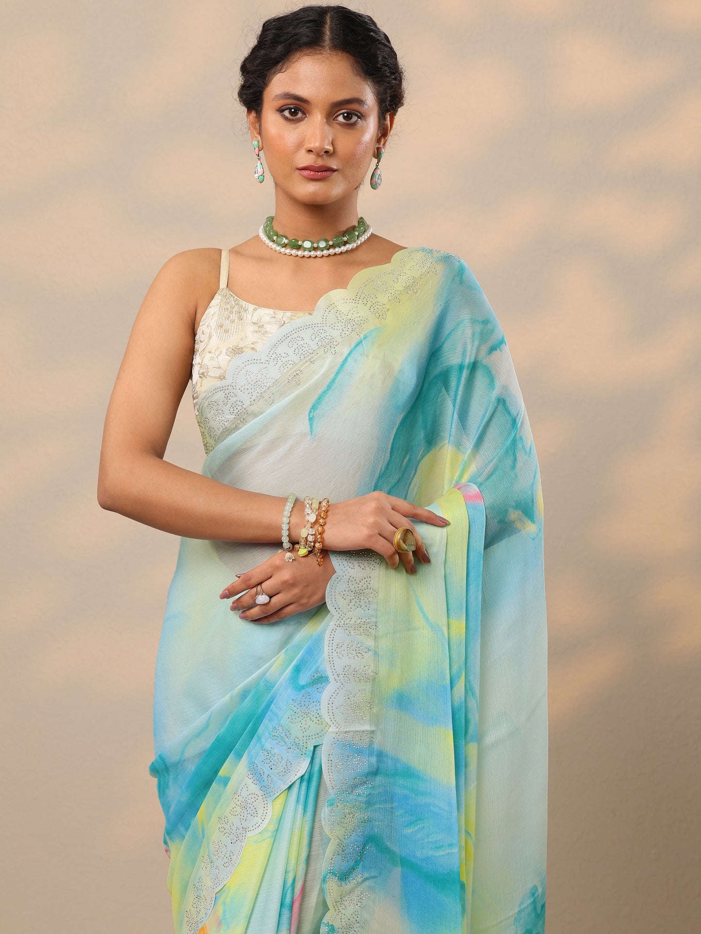 Turquoise blue Embellished Chinon Saree With Unstitched Blouse Piece
