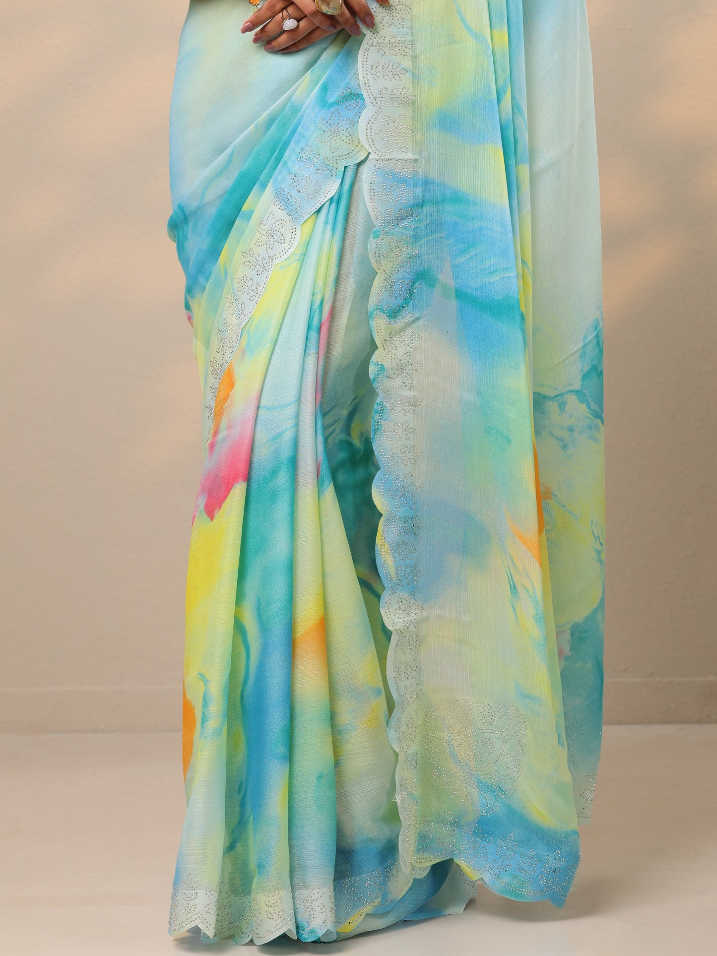 Turquoise blue Embellished Chinon Saree With Unstitched Blouse Piece