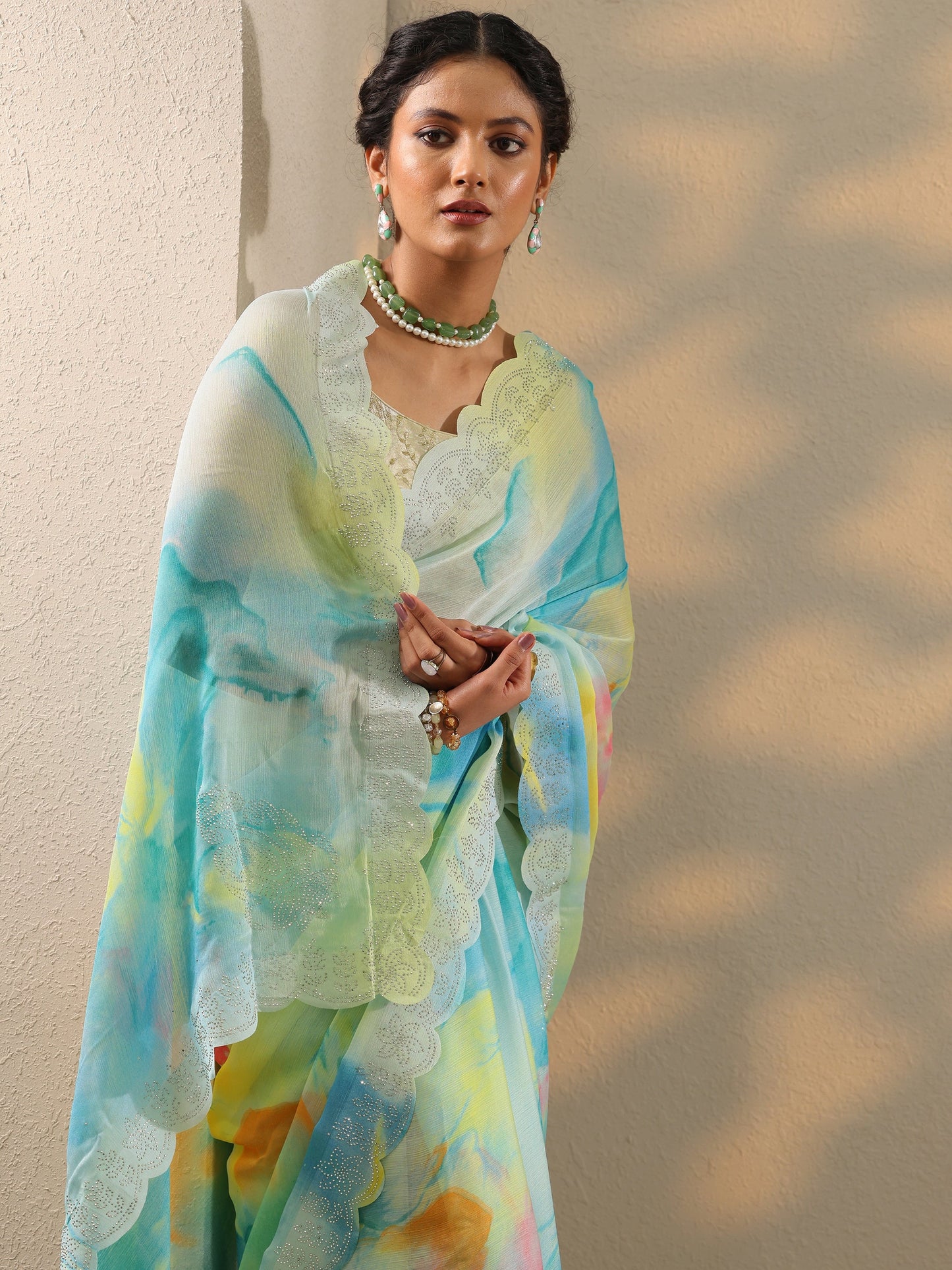 Turquoise blue Embellished Chinon Saree With Unstitched Blouse Piece