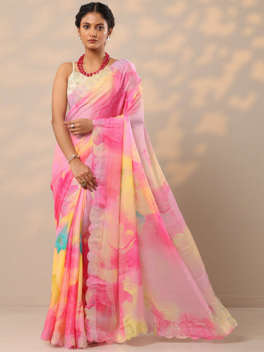 Pink Embellished Chinon Saree With Unstitched Blouse Piece