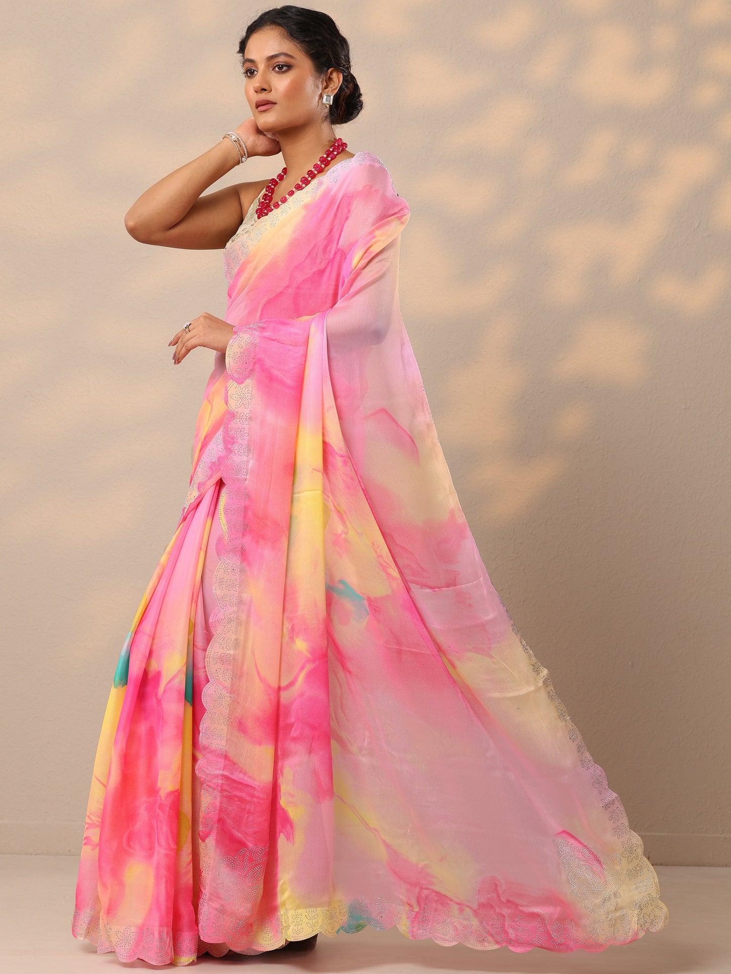 Pink Embellished Chinon Saree With Unstitched Blouse Piece