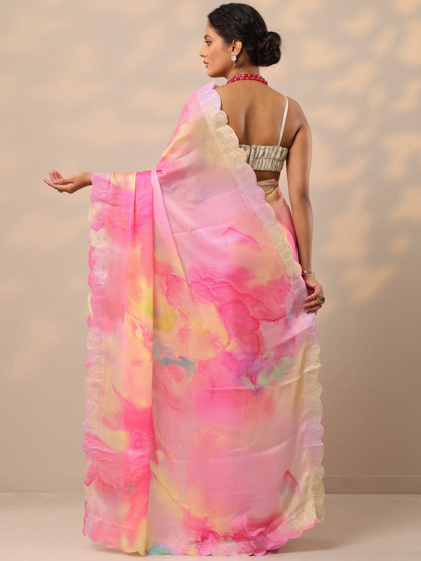 Pink Embellished Chinon Saree With Unstitched Blouse Piece