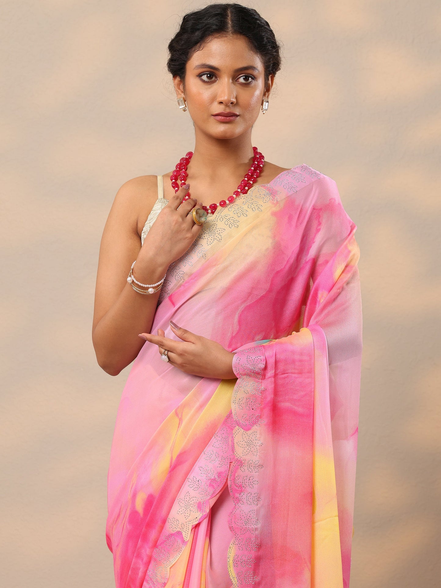Pink Embellished Chinon Saree With Unstitched Blouse Piece