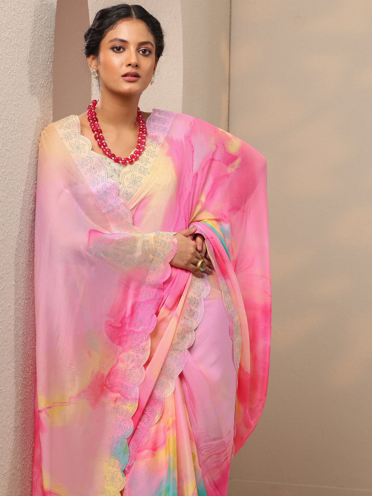 Pink Embellished Chinon Saree With Unstitched Blouse Piece