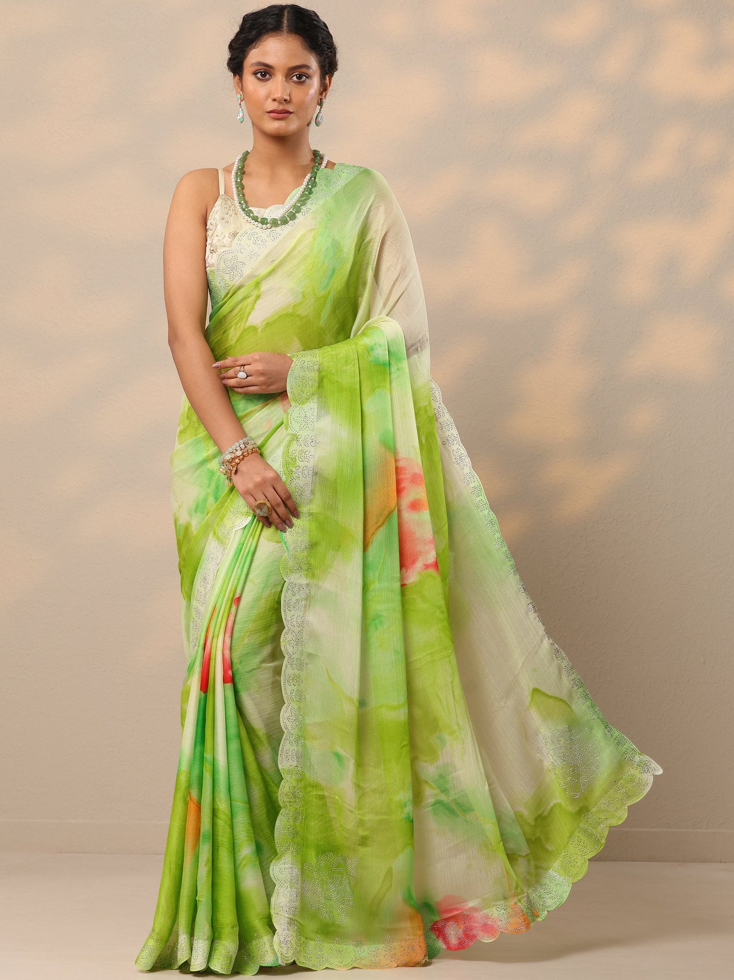 Green Embellished Chinon Saree With Unstitched Blouse Piece