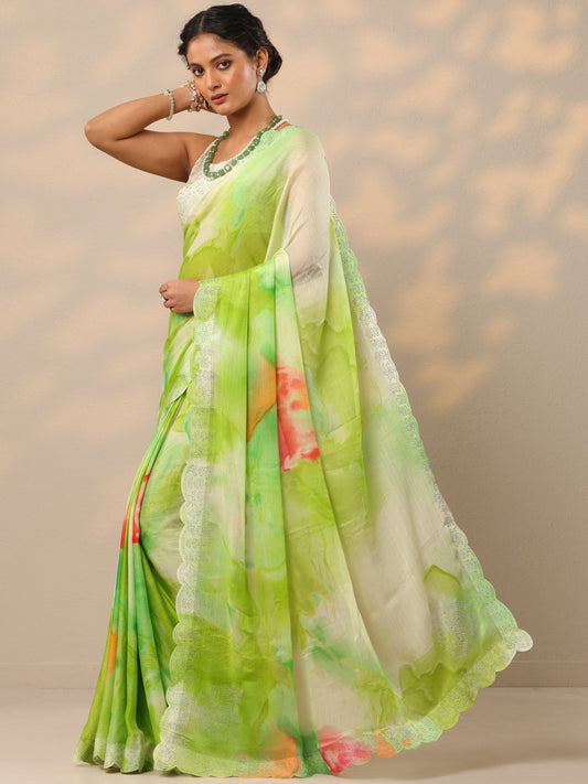 Green Embellished Chinon Saree With Unstitched Blouse Piece