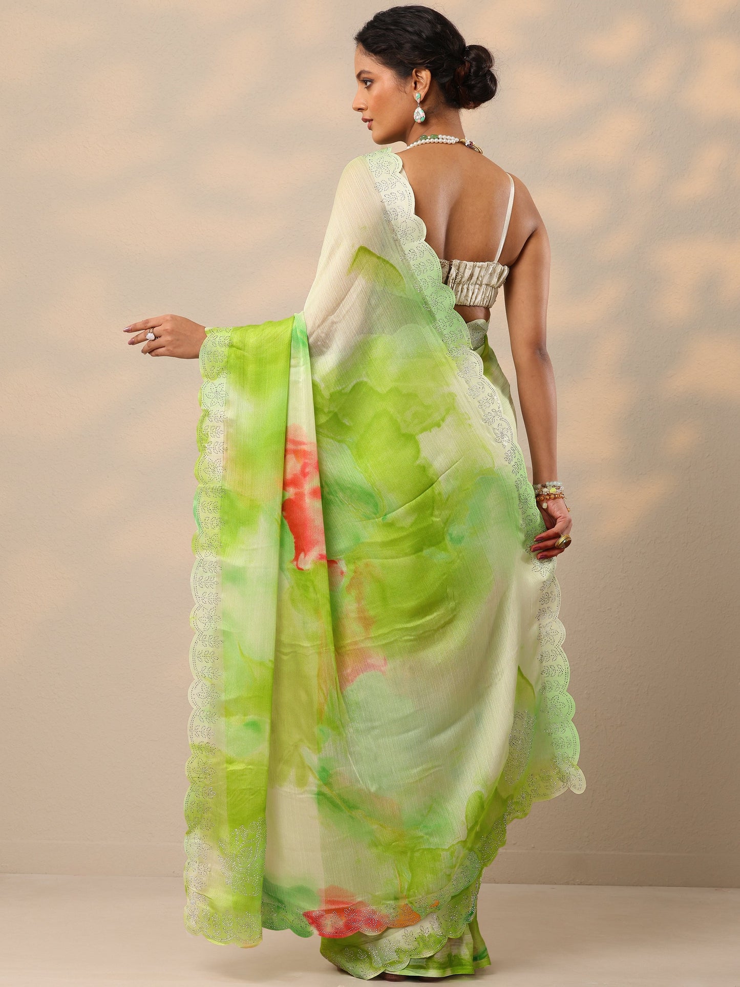 Green Embellished Chinon Saree With Unstitched Blouse Piece