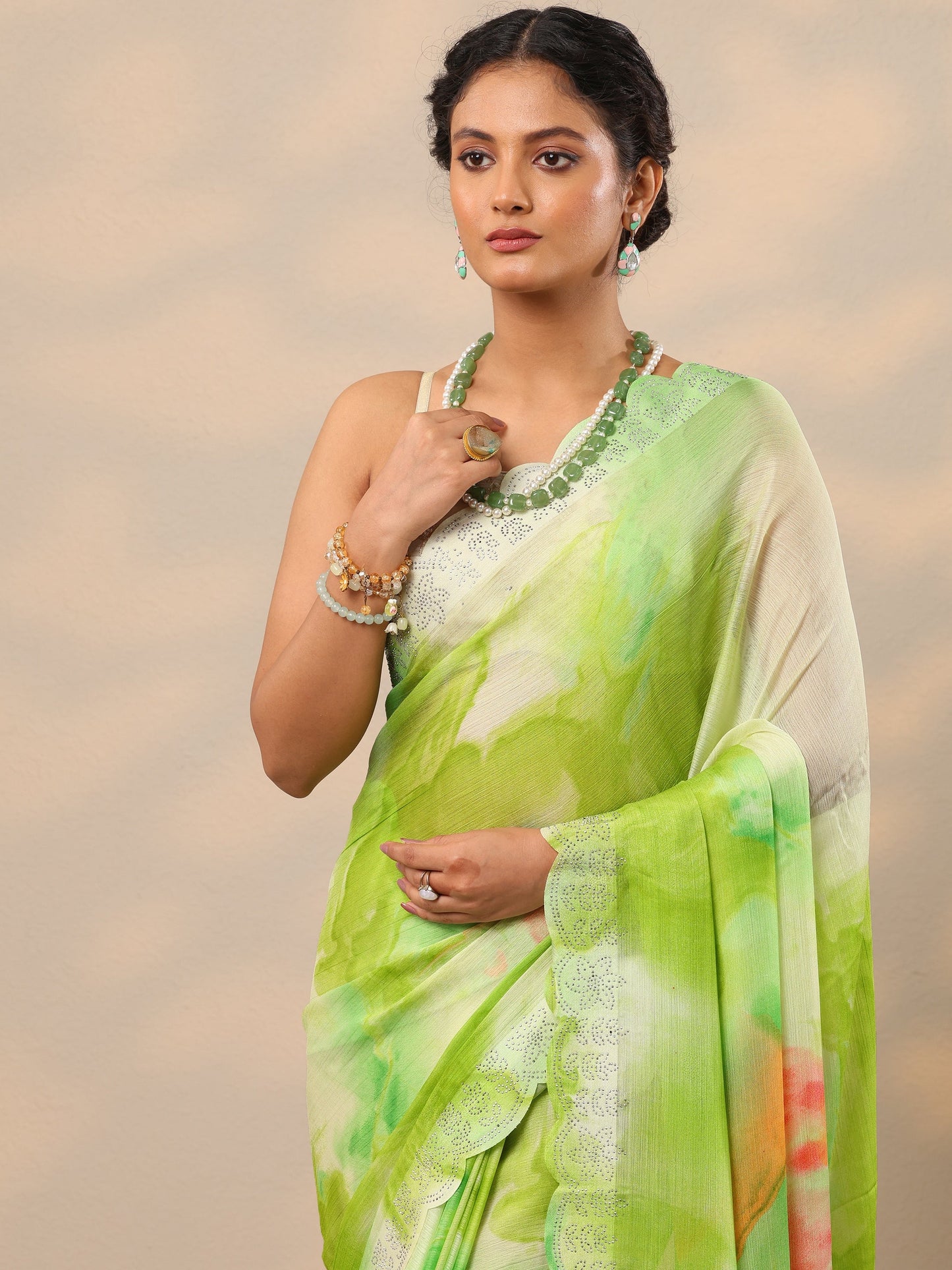 Green Embellished Chinon Saree With Unstitched Blouse Piece