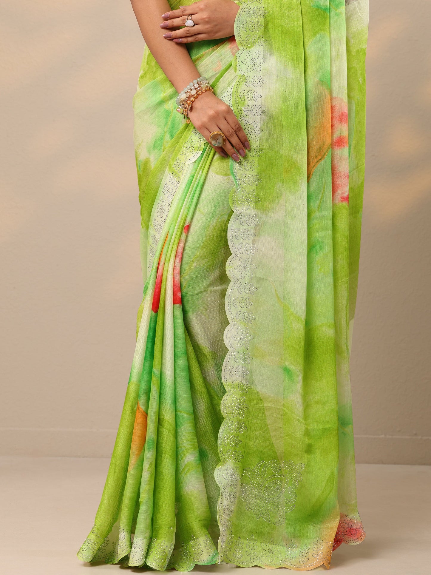 Green Embellished Chinon Saree With Unstitched Blouse Piece