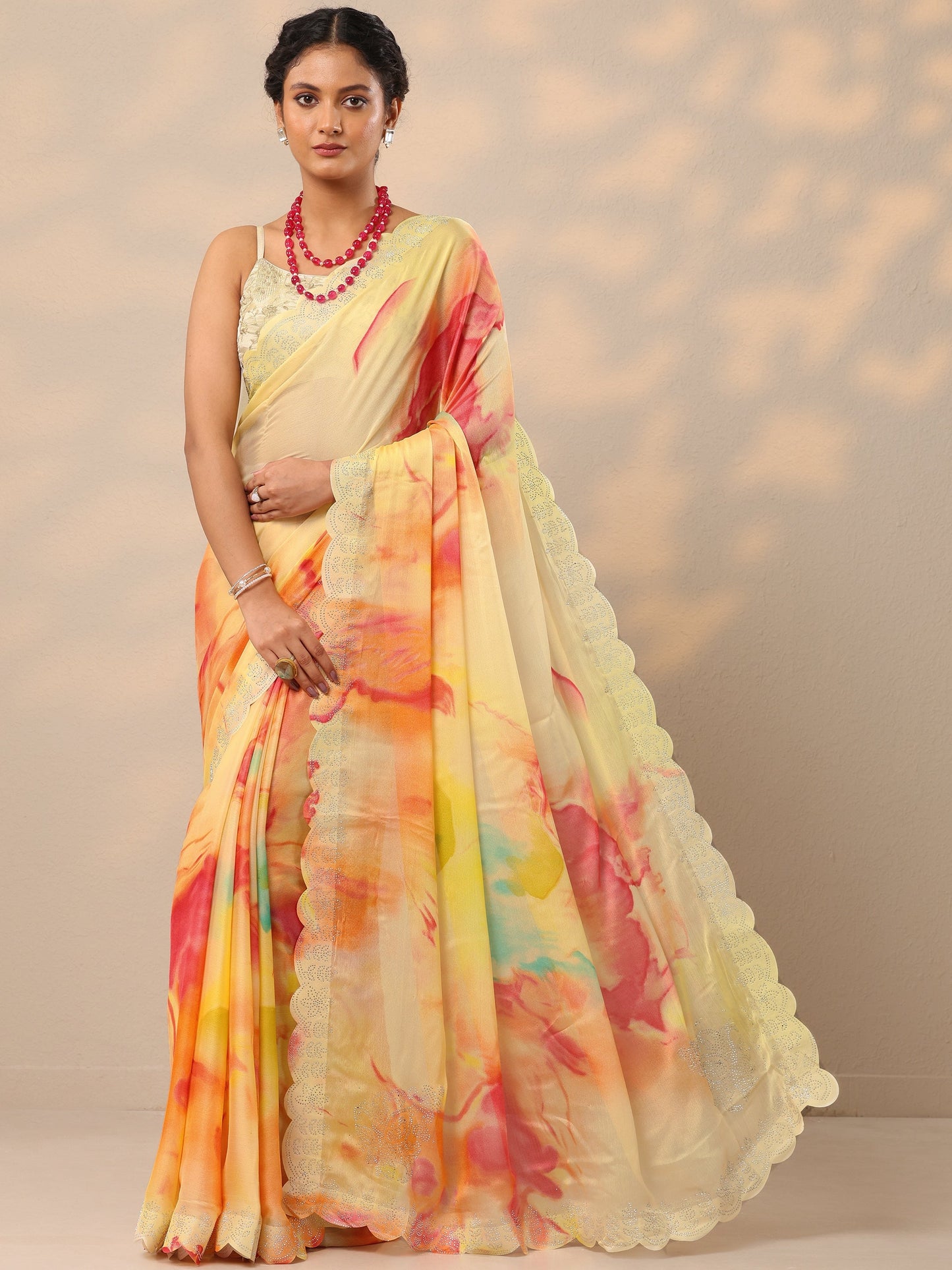 Yellow Embellished Chinon Saree With Unstitched Blouse Piece