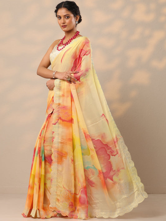 Yellow Embellished Chinon Saree With Unstitched Blouse Piece