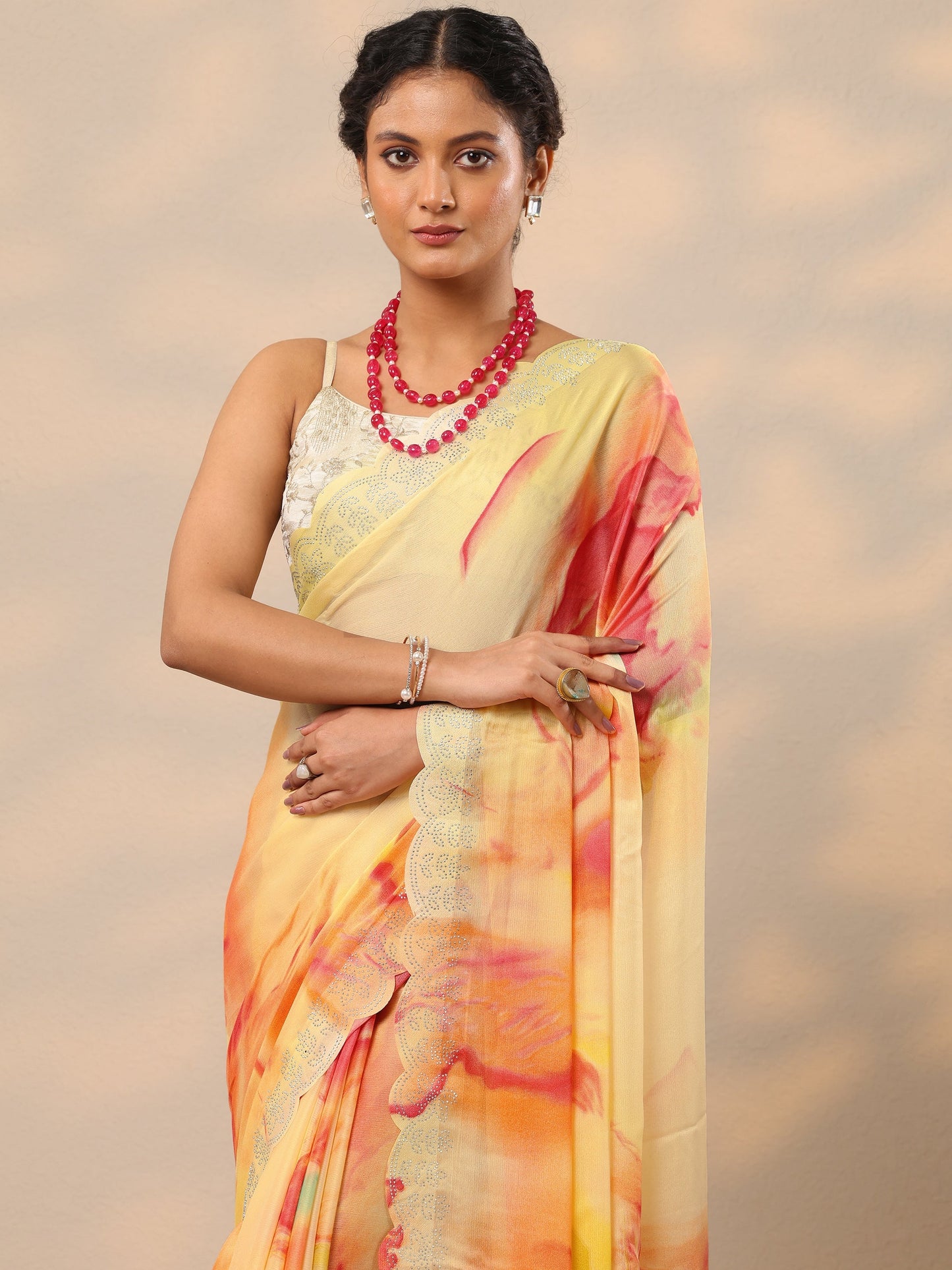 Yellow Embellished Chinon Saree With Unstitched Blouse Piece