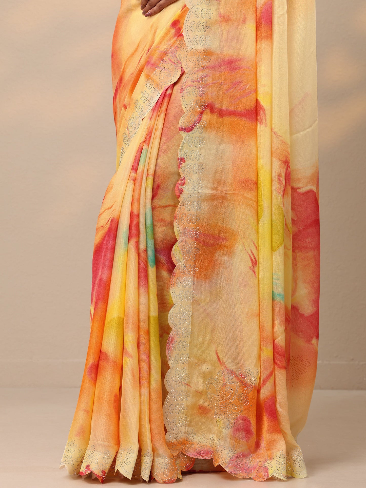 Yellow Embellished Chinon Saree With Unstitched Blouse Piece