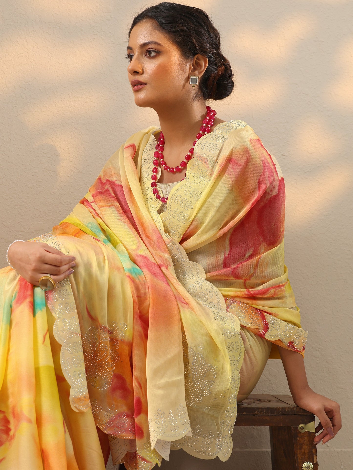 Yellow Embellished Chinon Saree With Unstitched Blouse Piece