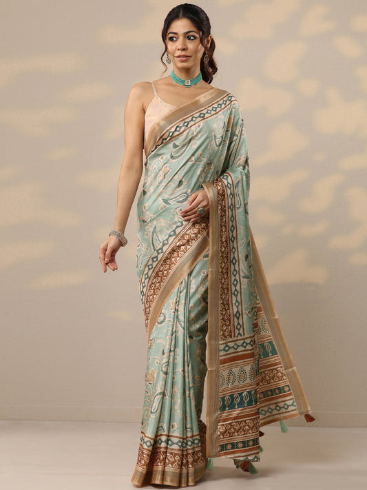 Blue Printed Silk Blend Sarees With Unstitched Blouse Piece