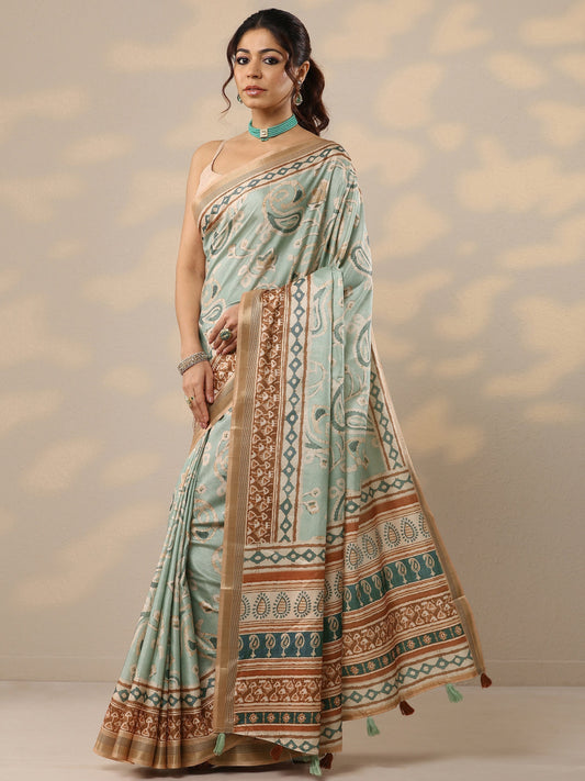 Blue Printed Silk Blend Sarees With Unstitched Blouse Piece