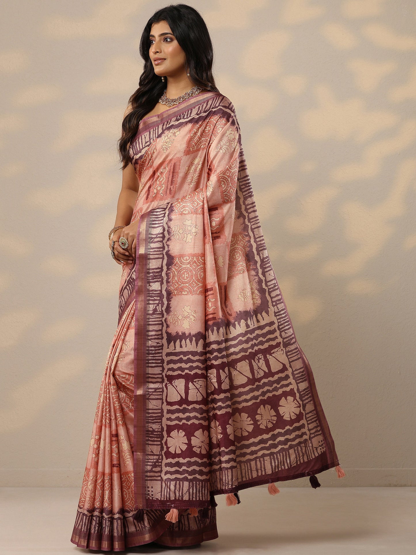 Peach Printed Silk Blend Sarees With Unstitched Blouse Piece