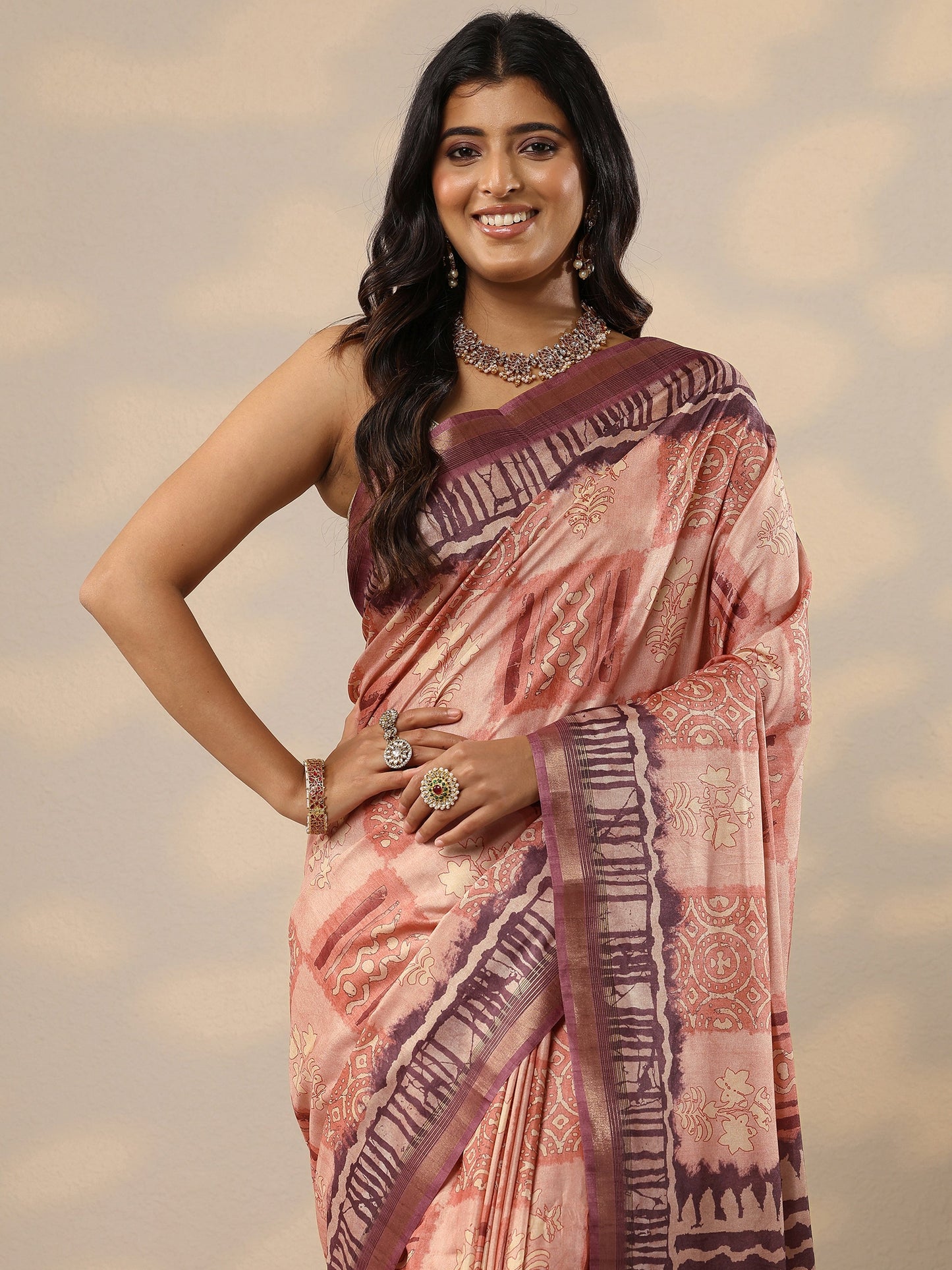Peach Printed Silk Blend Sarees With Unstitched Blouse Piece