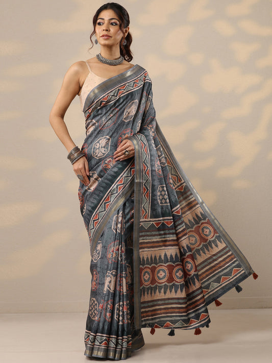 Blue Printed Silk Blend Sarees With Unstitched Blouse Piece