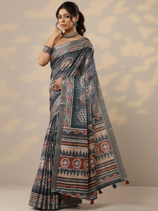 Blue Printed Silk Blend Sarees With Unstitched Blouse Piece