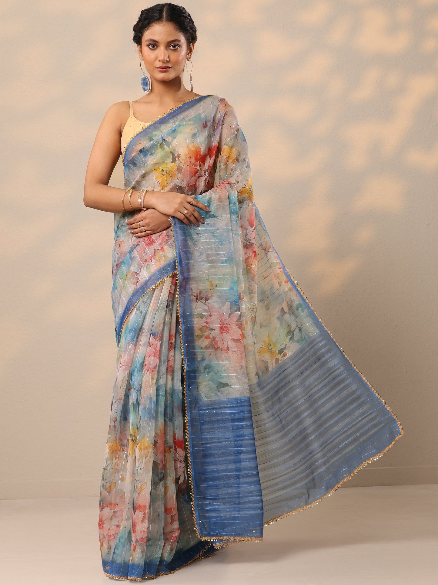 Blue Printed Nylon Saree With Unstitched Blouse Piece
