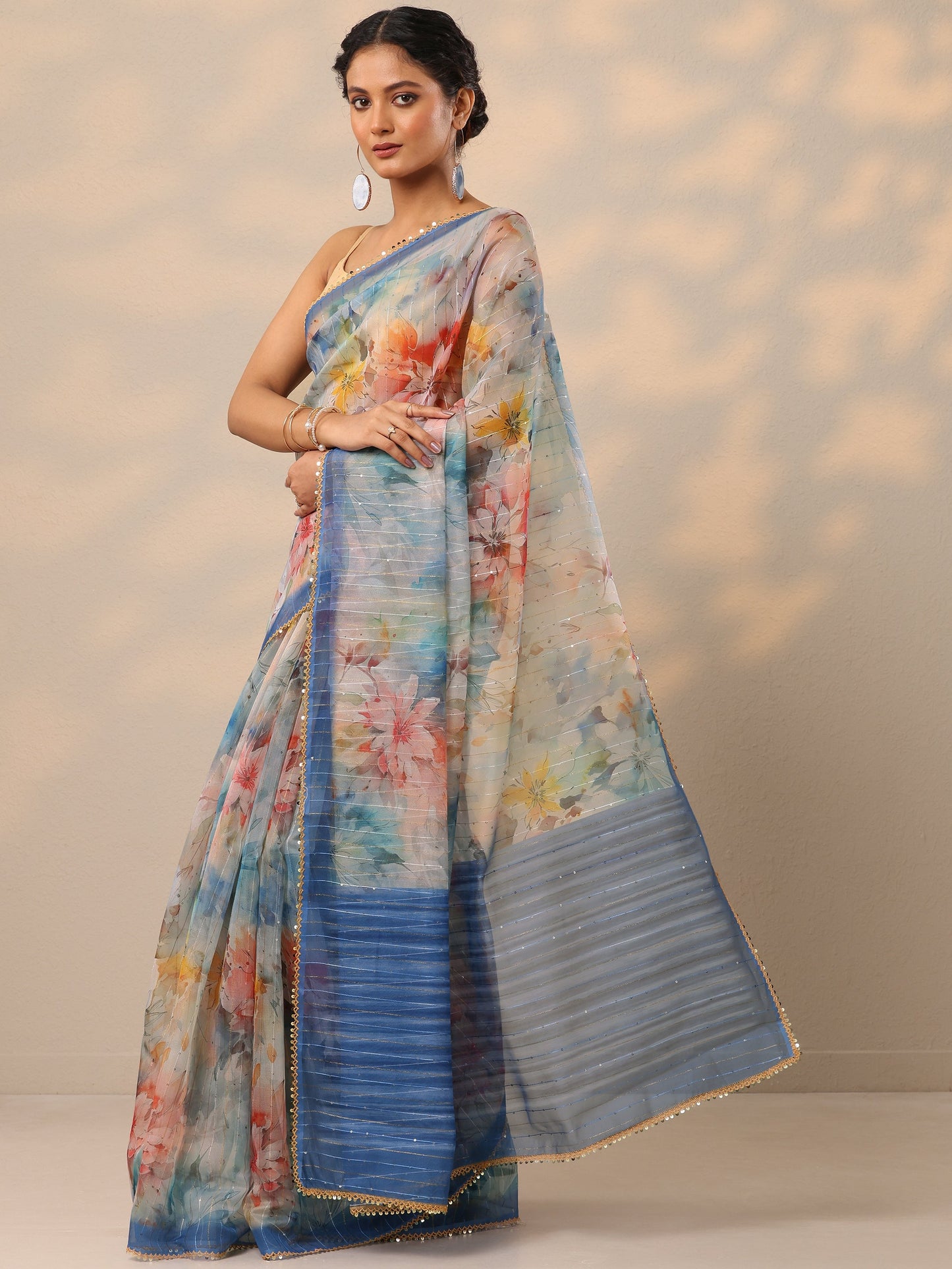 Blue Printed Nylon Saree With Unstitched Blouse Piece