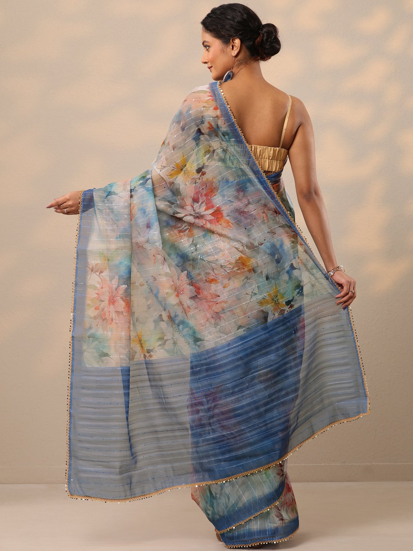 Blue Printed Nylon Saree With Unstitched Blouse Piece