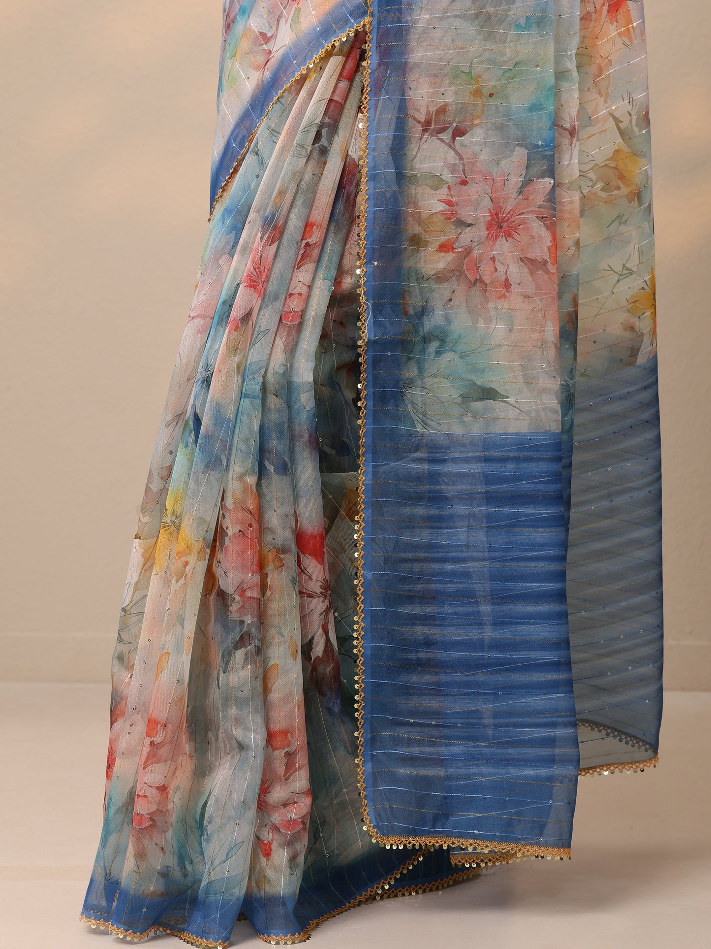 Blue Printed Nylon Saree With Unstitched Blouse Piece