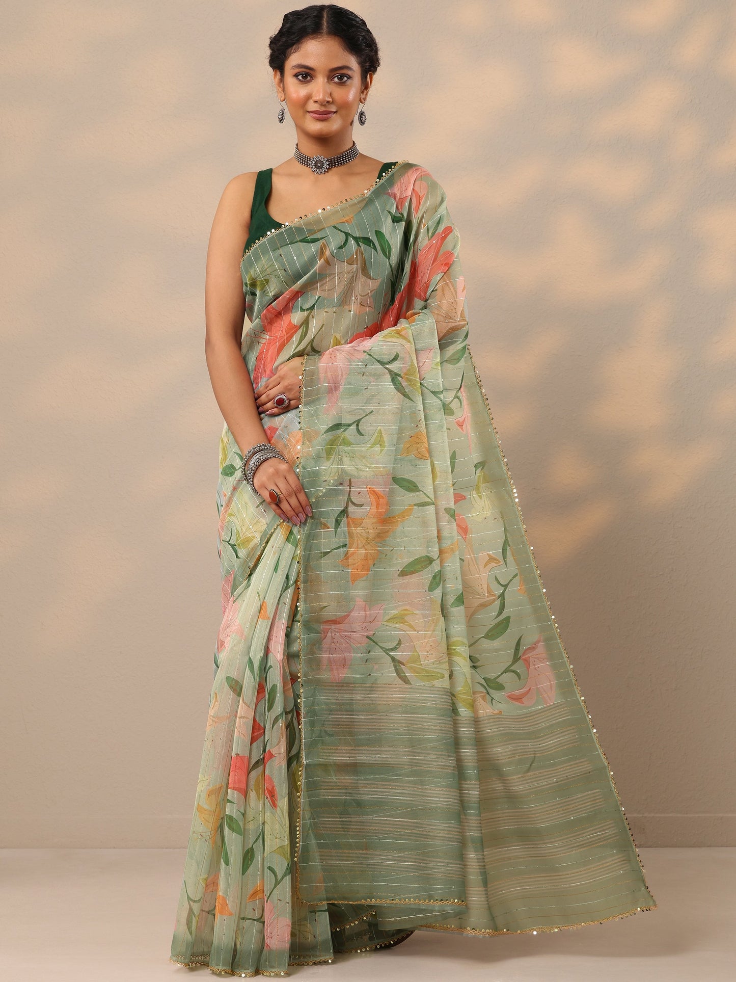 Green Printed Nylon Saree With Unstitched Blouse Piece