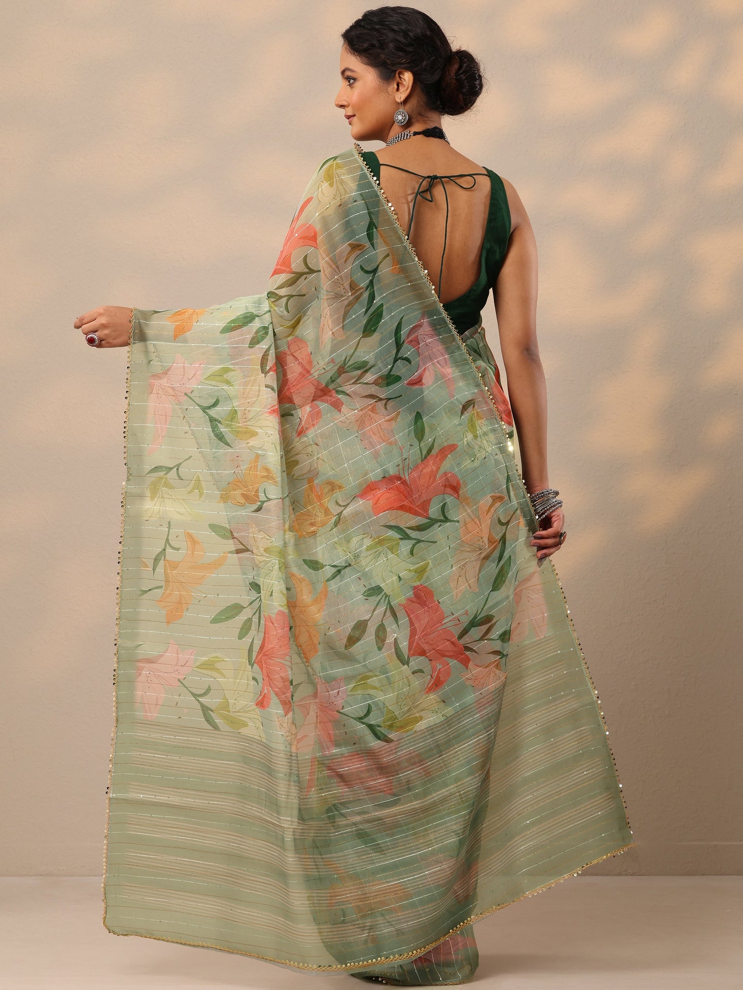 Green Printed Nylon Saree With Unstitched Blouse Piece