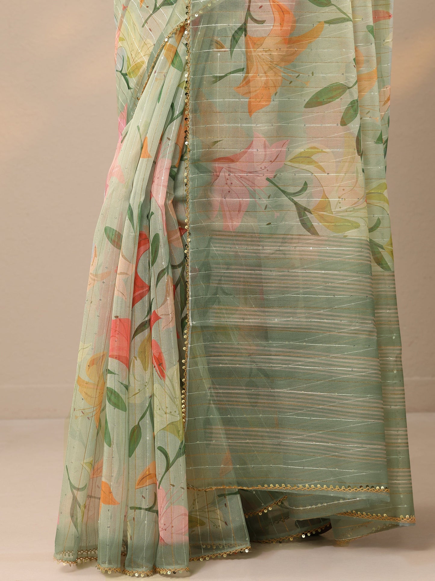 Green Printed Nylon Saree With Unstitched Blouse Piece